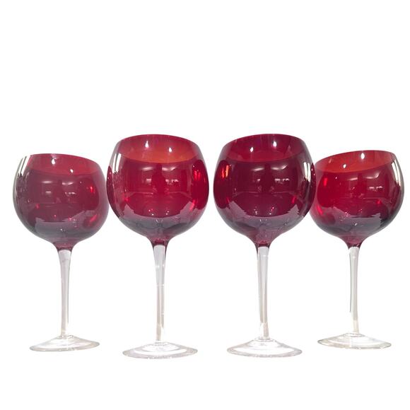 Ruby Red Elegant Balloon Wine Glasses Goblets with Clear Stem-Set of 4 - Picture 5 of 9